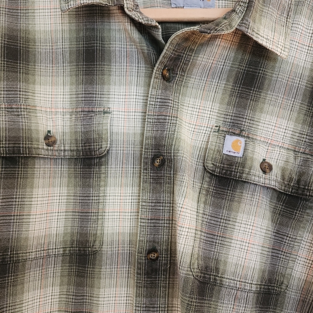 Carrhart Olive Plaid Heavyweight Flannel Size Xl Utility Work Wear Outdoors - Picture 9 of 11